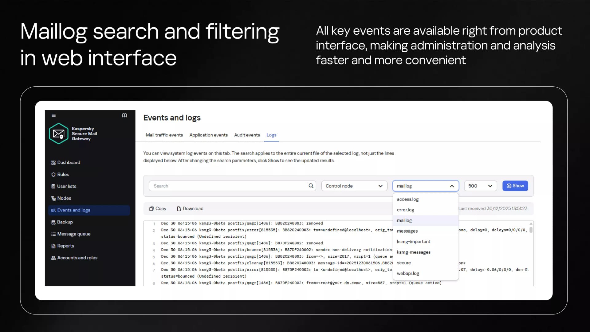 Maillog search and filtering